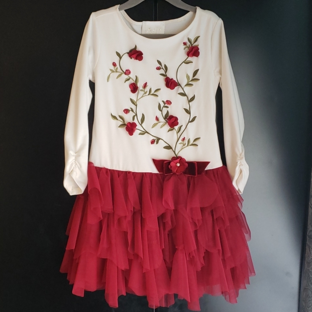 Cream and burgundy dress